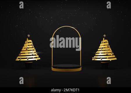 3D Geschenkboxen und Band Dark Podium Background Celebration. Stockfoto