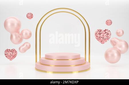 pink podium-Stufen mit 3D-Rendering, goldener Torform und Herzform schwebend Stockfoto
