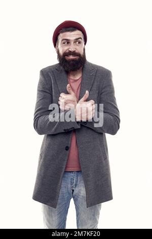 Schule der guten Manieren. Tipps und Tricks schöner Mann. Modischer Hipster-Mann. Bärtig und hübsch. Selbstverbesserungskonzept. Sorgloser Hipster Stockfoto