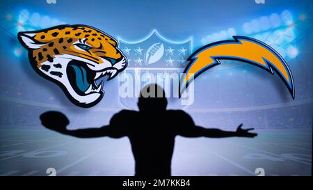 JACKSONVILLE, USA, 10. JANUAR 2023: Los Angeles Chargers vs. Jacksonville Jaguars. NFL Wild Card Runde 2023, Silhouette des NFL-Spielers von american Foo Stockfoto