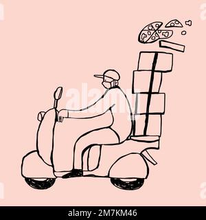Lieferung Junge auf einem Roller auf rosa Hintergrund Vektor Stock Vektor