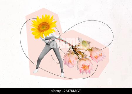 Foto-Collage-Kunstwerk Minimalbild einer Frau, die Blume hält, statt des Kopfes isolierten Zeichnungshintergrunds Stockfoto