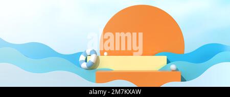 Hintergrundbild Es gibt eine Bühne für die Anzeige von Sonnenschutzmitteln in Blau- und Orangentönen. Und es gibt Wasserwellen. 3D-Szene. Stockfoto