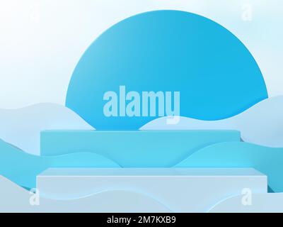 Das Hintergrundbild hat zwei Stufen der Produktplatzierung in blauen und hellblauen Tönen. Und es gibt Wasserwellen. 3D-Szene. Stockfoto