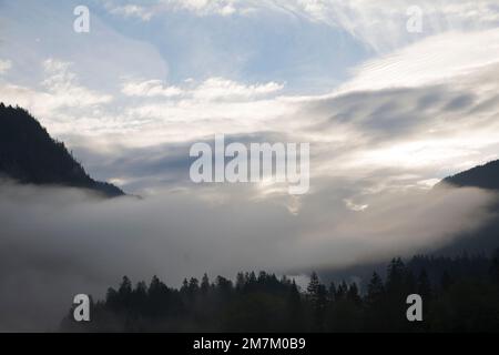 Hohe Gipfel durch eine niedrige Wolke in dieser Wolkenwolke Stockfoto