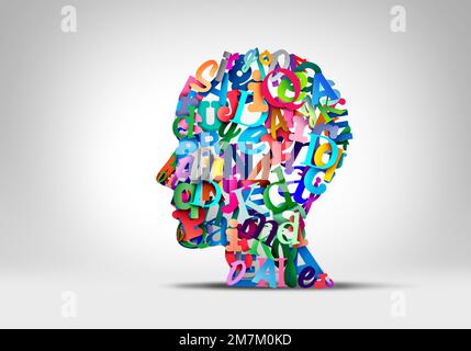 Sprachbegriff und Lesen und Sprachtherapie Verstehen oder Sprechen und autistisches Spektrum oder Dyslexie-Störung als menschlicher Kopf Stockfoto