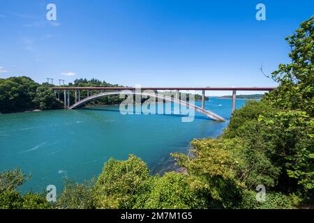 Plouer-sur-Rance (Bretagne, Nordwestfrankreich): Bogenbrücke „pont Chateaubriand“ über die Autobahn RN176 Stockfoto