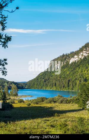 La Chaux-du-Dombief (Zentralöstfrankreich): Lake Grand Maclu und Klippe des „Belvedere des Quatre Lacs“ (vier Seen Belvedere). See und Wald sind da Stockfoto