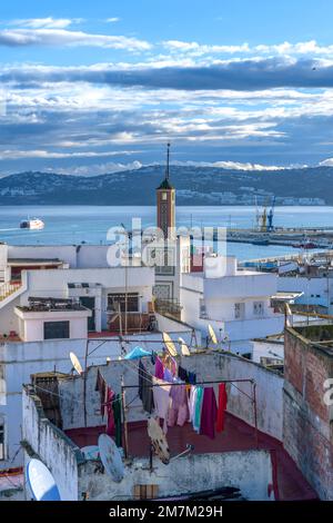 Über den Dächern in Tanger. Erschossen vom Dach des Riad Tingis. Minarette, Sonnenkollektoren, Palmen, Satellitenschüsseln, Trockenwäsche und Katzen! Stockfoto