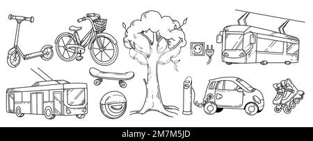 Doodle Set mit verschiedenen umweltfreundlichen Transportmitteln. Elektroauto, Roller, Fahrrad, Skateboard, Rollschuhe, Handgezeichnete Vektorbilder aus monowheel, öffentlichen Bussen und Straßenbahnen. Ökologischer Stadtverkehr. Stock Vektor