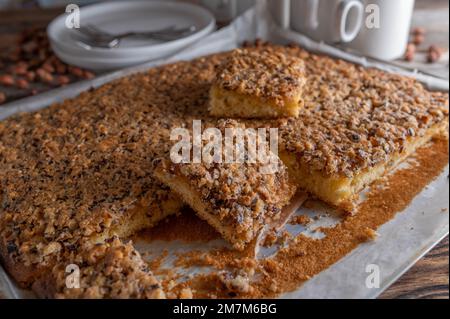 Blechkuchen mit Nüssen. Karamellisierte Haselnussfüllung auf einem Backblech Stockfoto