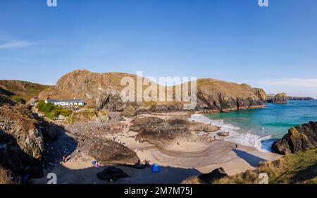 Küste und unberührte zerklüftete Landschaft am Kynance Cove auf der Lizard Peninsula an einem sonnigen Tag an der Südküste Cornwalls im Südwesten Englands Stockfoto