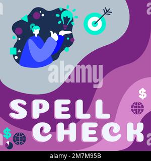 Text mit der Rechtschreibprüfung bei Inspiration. Wort, das zur Verwendung eines Computerprogramms zum Auffinden und Korrigieren von Rechtschreibfehlern geschrieben wurde Stockfoto