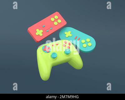 Joystick 3-Generation auf dunklem Hintergrund ausgerichtet.3D-Abbildung. Stockfoto