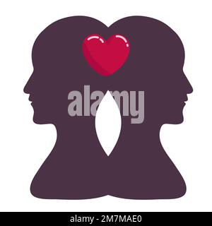Herz-Hirn-Konzept, Konflikt zwischen Emotionen und rationalem Denken, Teamarbeit und Gleichgewicht zwischen Seele und Intelligenz. Vektorlogo oder Symbolbeschreibung Stock Vektor