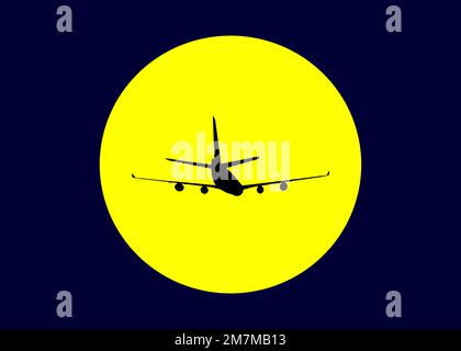 Schwarze Silhouette des Flugzeugs gegen die gelbe Sonne am dunklen Himmel Stockfoto