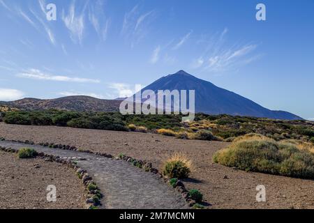 Der Vulkan aus der Sicht des Roque Caramujo ist blau und violett getönt, mit nahe gelegenen Feldern bedeckt mit braunem Boden und gelben und grünen Sträuchern und Büschen, darunter Stockfoto