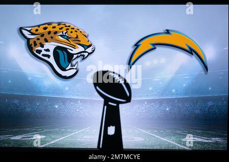JACKSONVILLE, USA, 10. JANUAR 2023: Los Angeles Chargers vs. Jacksonville Jaguars. NFL Wild Card Runde 2023, Trophäe „Silhouette von Vince Lombardi“ für Stockfoto