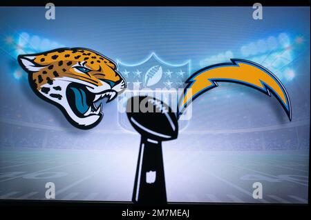 JACKSONVILLE, USA, 10. JANUAR 2023: Los Angeles Chargers vs. Jacksonville Jaguars. NFL Wild Card Runde 2023, Trophäe „Silhouette von Vince Lombardi“ für Stockfoto