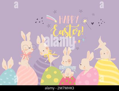 Frohe Ostergrußkarte mit süßen weißen Häppchen und Eiern Stock Vektor