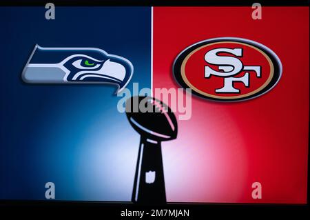 SAN FRANCISCO, USA, 10. JANUAR 2023: Seattle Seahawks vs. San Francisco 49ers. NFL Wild Card Runde 2023, Trophäe „Silhouette von Vince Lombardi“ für die Stockfoto