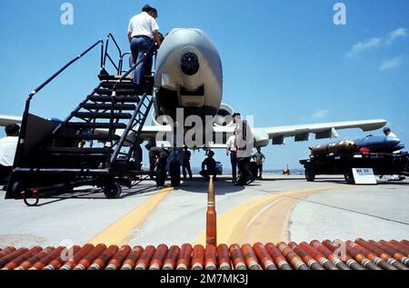 Ein statischer Blick auf ein A-10 Thunderbolt II-Flugzeug während einer Rundfahrt durch koreanische Stützpunkte, um koreanische und amerikanische Feldkommandanten mit seinen Fähigkeiten vertraut zu machen. Im Vordergrund befinden sich 30-mm-Schalen für die 7-Zylinder-Kanone des A-10. Rechts sehen Sie ein Beispiel für die Mark 20 Rock Eye Cluster Bombe, die mit dem A-10 getragen werden kann. Basis: Osan Air Base Country: Republik Korea (KOR) Stockfoto