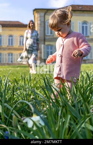 Europa, Deutschland, Baden-Württemberg, Stuttgart, Schloss Hohenheim, Mutter spielt mit der kleinen Tochter auf der Wiese vor dem Schloss Hohenheim Stockfoto
