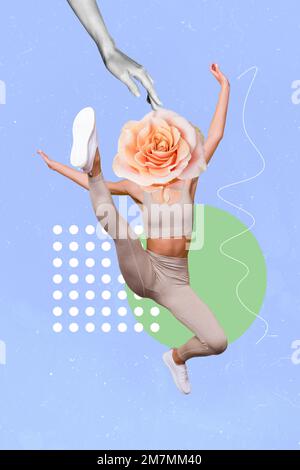 Kreatives Kunstwerk Fotocollage einer jungen sportlichen Sportlerin, die springt Stretchkopf rosa Rose Lightness pms isoliert auf blauem Hintergrund Stockfoto