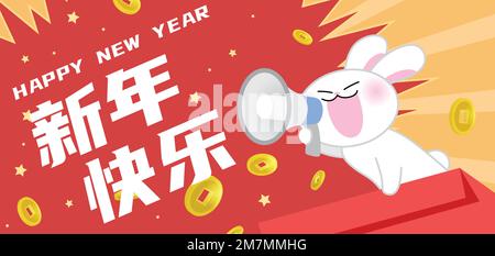 Frohes chinesisches Neujahr des Kaninchens mit goldenen Münzen und rotem Umschlag. Mondneujahr 2023 oder Frühlingsfestival Grußbanner Vektor. Stock Vektor