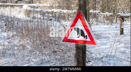 Warnschild für kreuzende Kröten und Frösche. Stockfoto