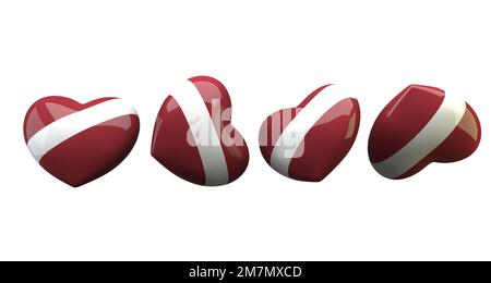 Ich liebe Lettland, Sammlerherz mit lettischer Flagge, romantisches Bild auf weißem Hintergrund, 3D-Werk und 3D-Bild Stockfoto