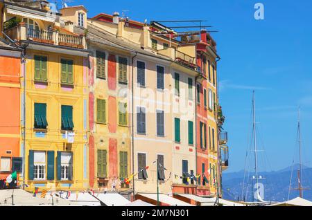 Traditionelle Häuser Fassade, Portofino, Ligurien, Italien Stockfoto