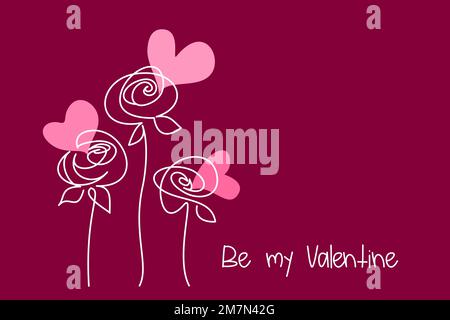 Valentinskarte. Drei abstrakte Rosenblumen mit Herzen auf rotem Hintergrund. Durchgehende einzeilige Zeichnung, Vektordarstellung. Stock Vektor