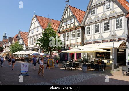 Allee mit Fachwerkhäusern in der Altstadt von Celle, Celle, Lüneburger Heide, Niedersachsen, Deutschland Stockfoto