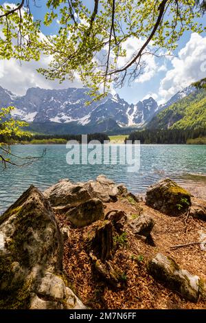 Luftaufnahme des gehobenen Fusine Lake mit Mount Mangart im Hintergrund. Fusine Lakes Natural Park, Tarvisio, Provinz Udine, Friaul-Julisch Venetien, Italien. Stockfoto