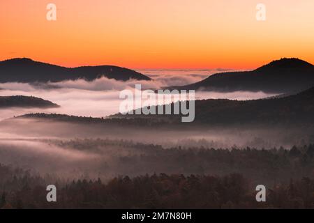 Morgenrot über dem Pfalz, Nebel in den Tälern, Herbstatmosphäre im Naturpark Pfalz-Wald, Pfalz-Wald-NordVogesen Biosphärenreservat, Deutschland, Rheinland-Pfalz Stockfoto