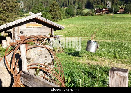 Holzhütte einer alten Wassermühle mit Seilbahn für den Transport von Milchdosen im Südtiroler Ulten-Tal Stockfoto