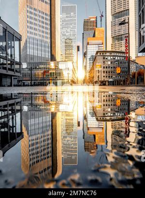 Blick auf eine Schlucht am Morgen. Mit Sonnenlicht und Reflexion in einer Pfütze auf der Straße in Frankfurt am Main, Hessen Stockfoto