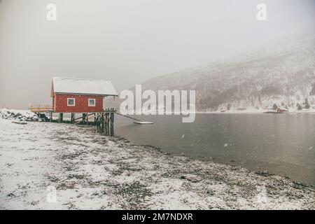 Rote und gelbe Rorbu Häuser an der Küste, Fischerdorf in Vesteralen, Norwegen, Schneefall, Winter Stockfoto