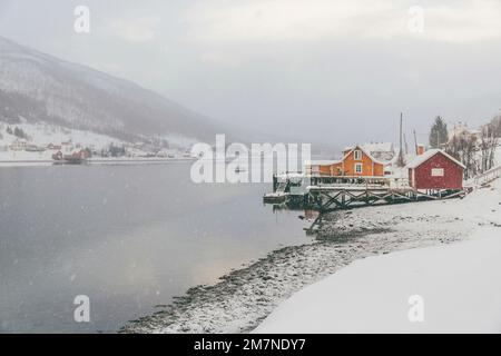 Rote und gelbe Rorbu Häuser an der Küste, Fischerdorf in Vesteralen, Norwegen, Schneefall, Winter Stockfoto