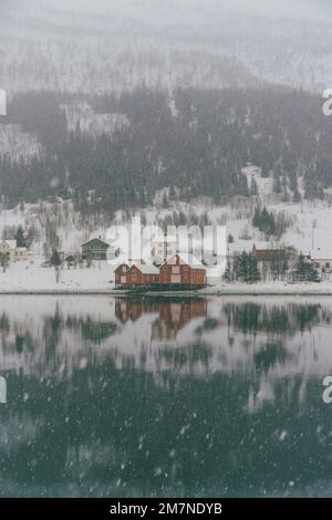 Rote und gelbe Rorbu Häuser an der Küste, Fischerdorf in Vesteralen, Norwegen, Schneefall, Winter Stockfoto