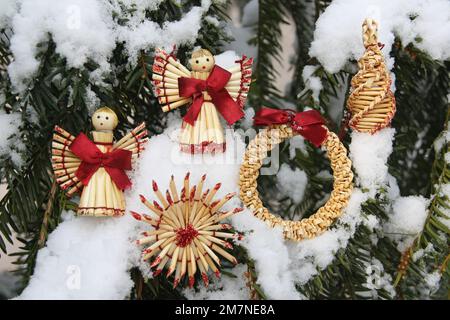 Weihnachtsdekorationen auf Schneebäumen (manuelle Fokussierung) Stockfoto