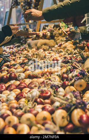 Verkaufssituation im traditionellen Zibelemärit, Zwiebelmarkt in Bern, Schweiz, Nahaufnahme, Speisezwiebeln (Allium cepa), Verkauf eines Zwiebelgeflechts Stockfoto