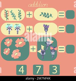 Zählen Sie die Blumen und Vögel auf dem Bild und geben Sie die richtige Zahl ein Stock Vektor