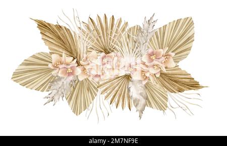Aquarelle Blumenzeichnung mit pinkfarbenen Orchideenblumen und getrockneten Palmenblättern im Busho-Stil. Handgezeichnete isolierte Zeichnung mit exotischen tropischen Pflanzen und Pampasgras in Pastellbeige- und Goldfarben. Stockfoto