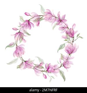 Kranz in Aquarellfarben mit pinkfarbenen Blumen und grünen Blättern. Handgezeichnete Darstellung eines Kreisrahmens mit Magnolie oder Rose auf isoliertem Hintergrund. Botanischer Rand für Grußkarten oder Hochzeitseinladungen. Stockfoto