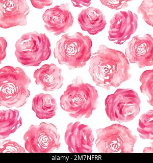 Nahtloses Muster mit abstrakten Rosenblumen in kräftigem Magenta. Handgezeichnete Blumenzeichnung zum Drucken. Rosafarbene und rote Pflanzen auf isoliertem Hintergrund für Textildesign oder Geschenkpapier. Stockfoto