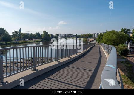 Fußgängerbrücke, dahinter Elbe, historische Liftbrücke, Albin Müller Turm, Rotehorn Stadtpark, Magdeburg, Sachsen-Anhalt, Deutschland Stockfoto