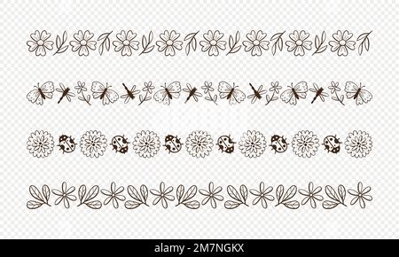 Dekorative Kollektion mit Frühlingsblumen am Rand. Nahtlose Ränder mit Blumenelementen, Blättern und Schmetterlingen. Isolierte Elemente entwirren. Vector Illustrati Stock Vektor