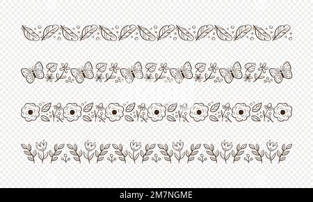 Dekorative Kollektion mit Frühlingsblumen am Rand. Nahtlose Ränder mit Blumenelementen, Blättern und Schmetterlingen. Isolierte Elemente entwirren. Vector Illustrati Stock Vektor